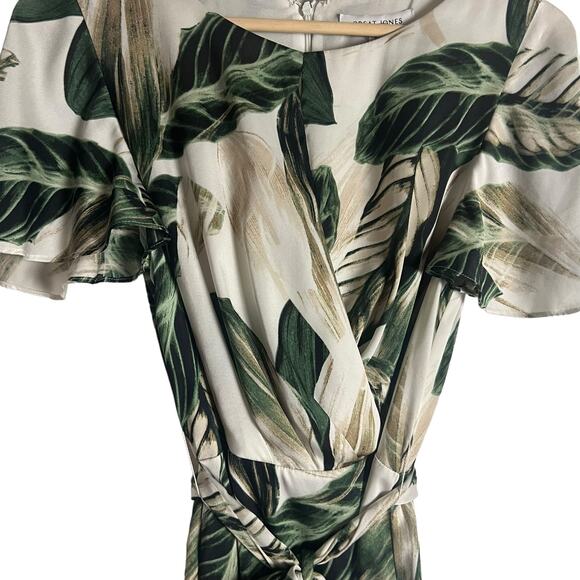 Great Jones Cream Green Tropical Leaf Print Tie Waist Midi Dress Size 8 - Picture 8 of 16